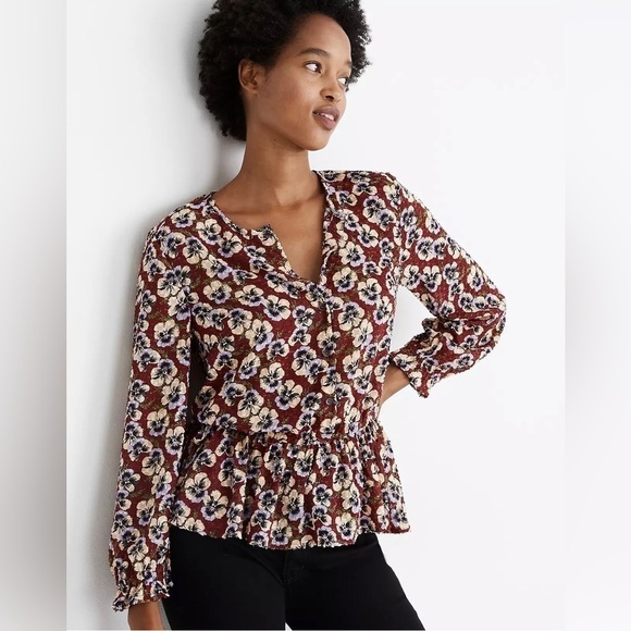 Madewell Floral Blouse in Burgundy and Cream - Picture 1 of 12
